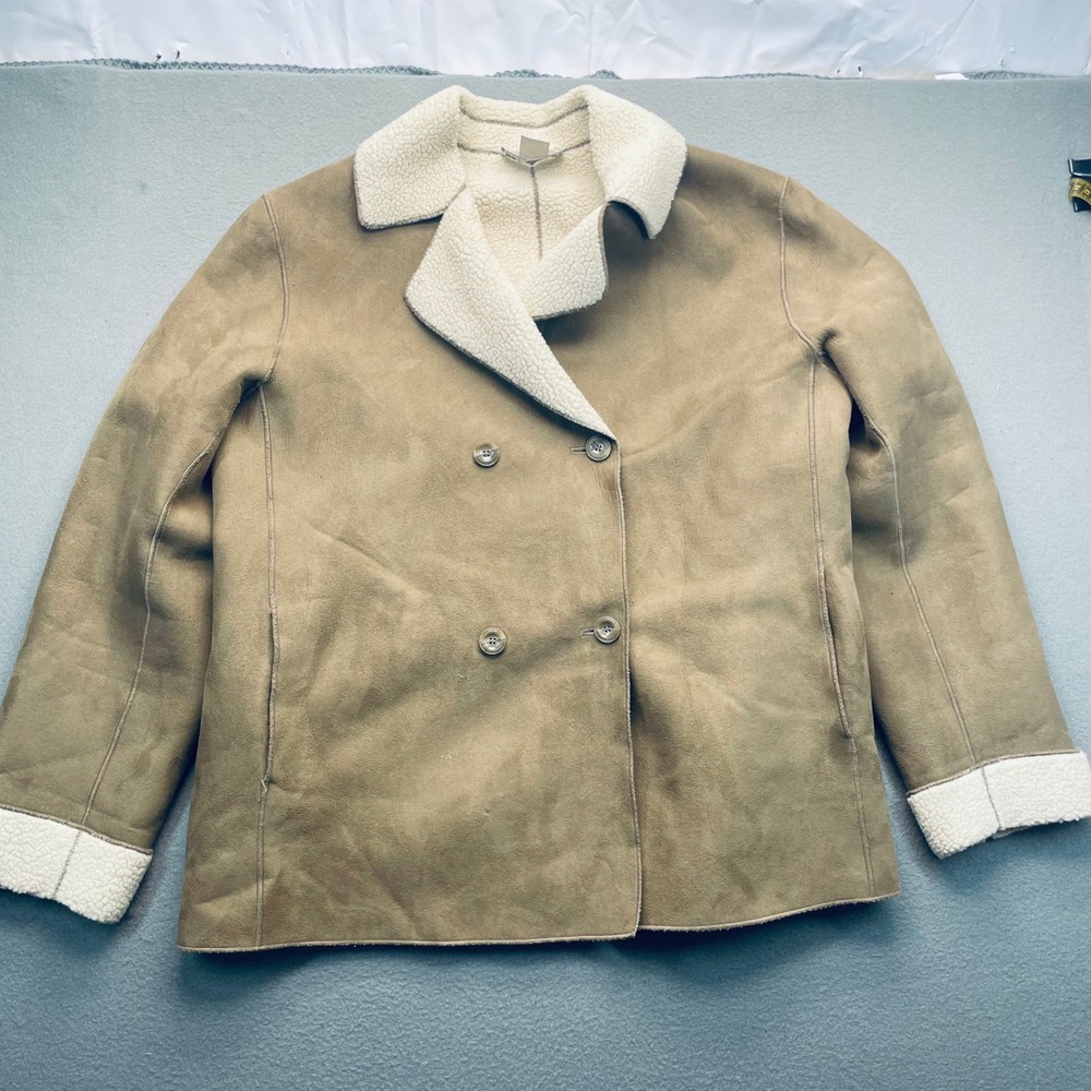 Nine & Company Tan Suede Sherpa Lined Double Breasted Jacket Womens‎ Size L
